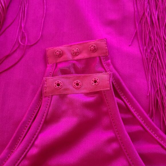 Hot Pink Fringe Trim Halter Neck Sleeveless Solid Bodysuit SIZE XL Plus - Picture 3 of 11